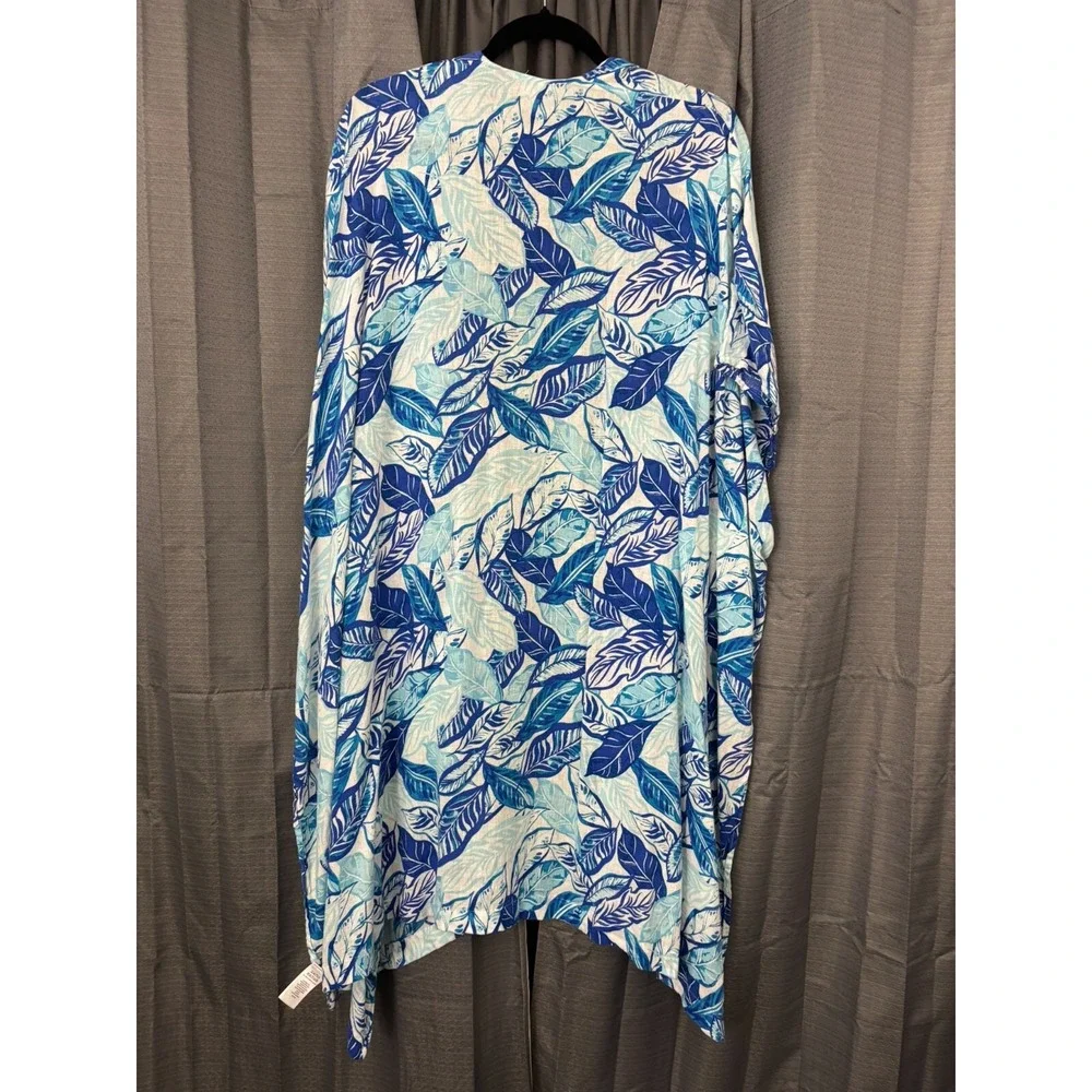 Sigrid Olsen‎ Linen Blend Open Front Long Cardigan Womens OS Blue Floral Beachy